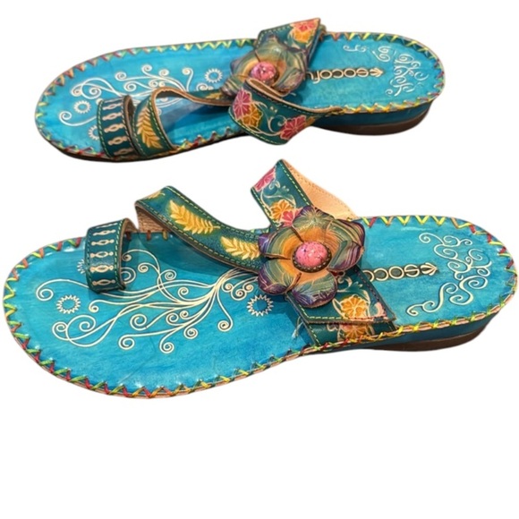Socofy Colorful Handprinted Floral Boho Toe Ring Sandals Size 6 - Picture 2 of 12